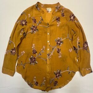 Fig And‎ Flower Embroidered Floral Bohemian Mustard Yellow Blouse Size M